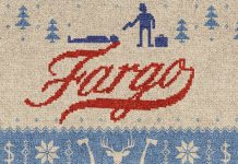 Ricamo locandina di Fargo. Il nome della città è scritto in rosso, in corsivo. Vi sono anche due uomini, uno dei quali punta la pistola al secondo.