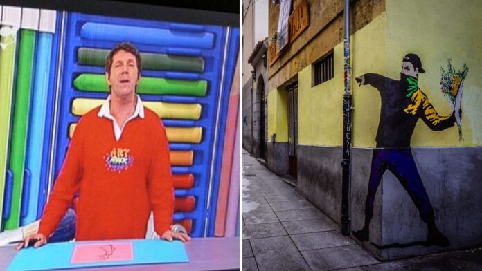 Neil e un'opera di Banksy